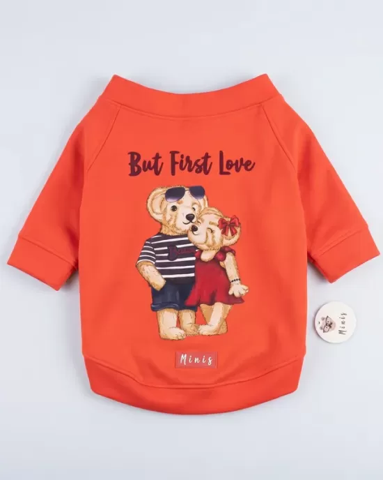 Ρομαντικό Πουκάμισο για Σκύλους "But First Love" - Κοραλί Κόκκινο με Αρκουδάκια