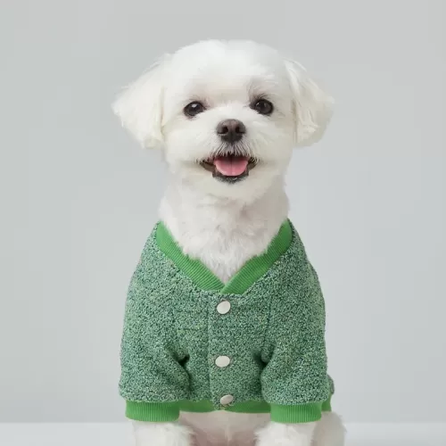 Κλασικό Green Melange Tweed Cardigan για Σκύλους - 4 Λευκά Κουμπιά & V-Neck Γιακά