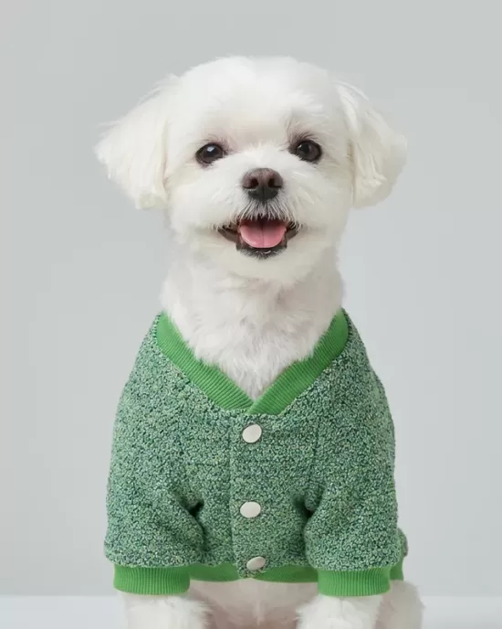 Κλασικό Green Melange Tweed Cardigan για Σκύλους - 4 Λευκά Κουμπιά & V-Neck Γιακά
