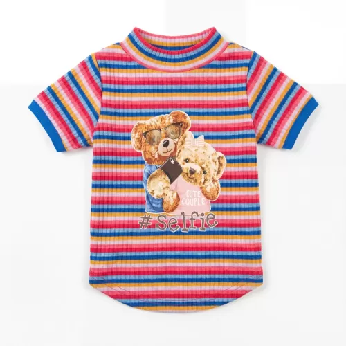 Teddy Bear Selfie T-Shirt για Σκύλους - Πολύχρωμο Ριγέ με Cute Couple Theme