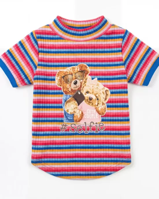 Teddy Bear Selfie T-Shirt για Σκύλους - Πολύχρωμο Ριγέ με Cute Couple Theme