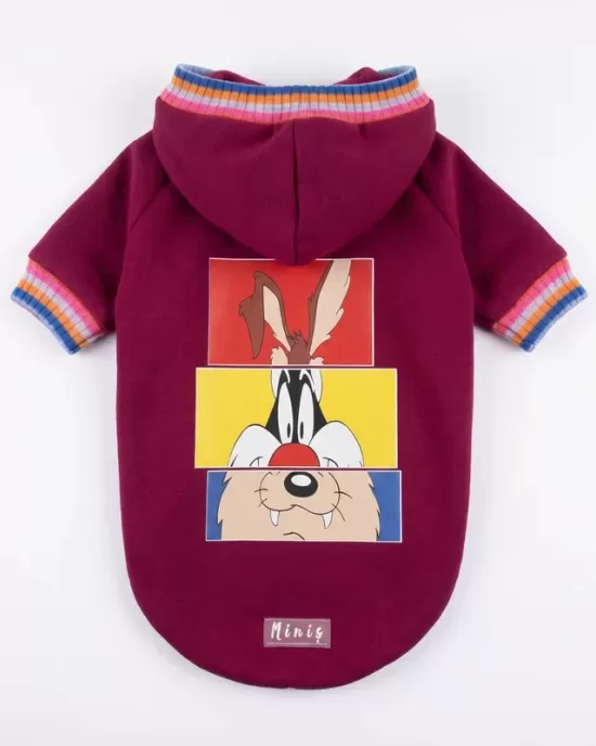 Looney Tunes Cartoon Hoodie για Σκύλους - Μπορντό με Bugs Bunny & Taz | Fun Playful Style