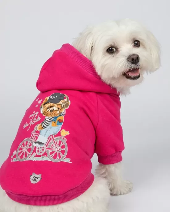 "Enjoy the Ride" Teddy Bear Bicycle Hoodie για Σκύλους - Ροζ με Vintage Ποδήλατο