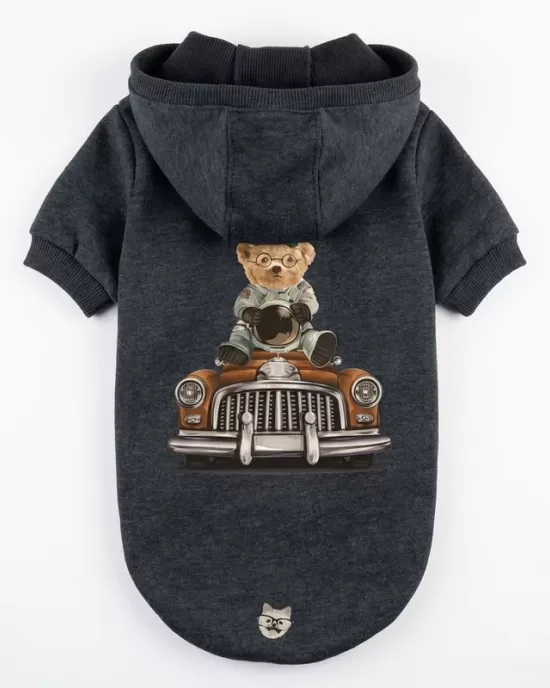 Vintage Car Teddy Bear Hoodie για Σκύλους - Γκρι με Κλασικό Αυτοκίνητο