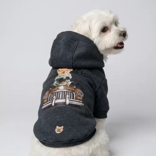 Vintage Car Teddy Bear Hoodie για Σκύλους - Γκρι με Κλασικό Αυτοκίνητο