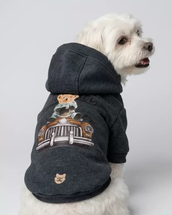 Vintage Car Teddy Bear Hoodie για Σκύλους - Γκρι με Κλασικό Αυτοκίνητο