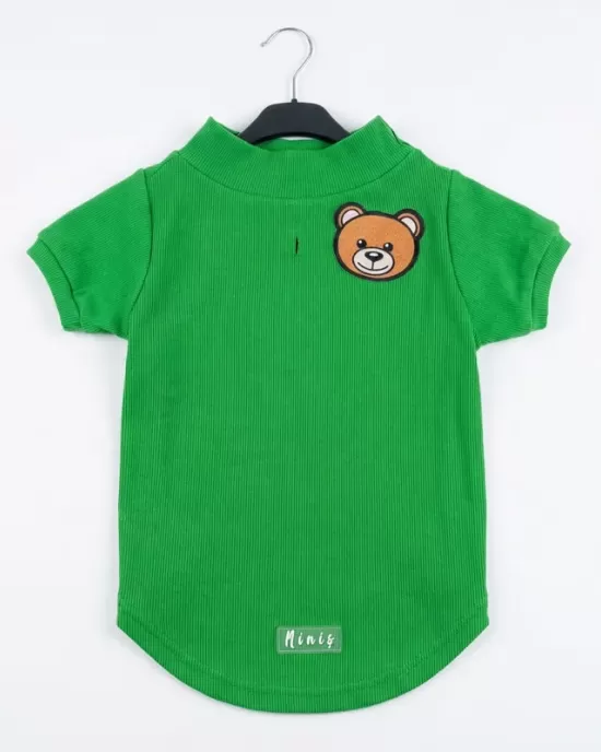 Ζωηρό Πράσινο Ribana T-Shirt για Σκύλους με Αρκουδάκι Patch - Φιτιλωτό Ύφασμα Kelly Green