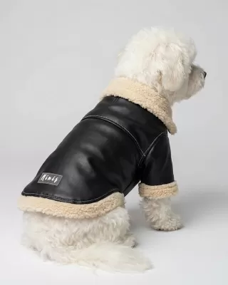 Δερμάτινο Μπουφάν Aviator με Γούνα Shearling – Μαύρο & Μπεζ (PET-007)