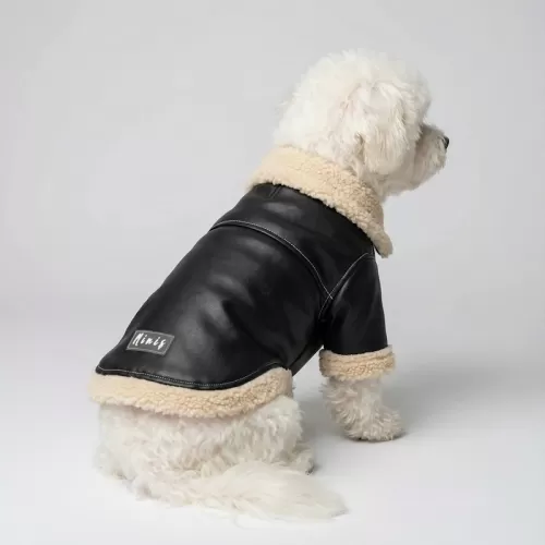 Δερμάτινο Μπουφάν Aviator με Γούνα Shearling – Μαύρο & Μπεζ (PET-007)