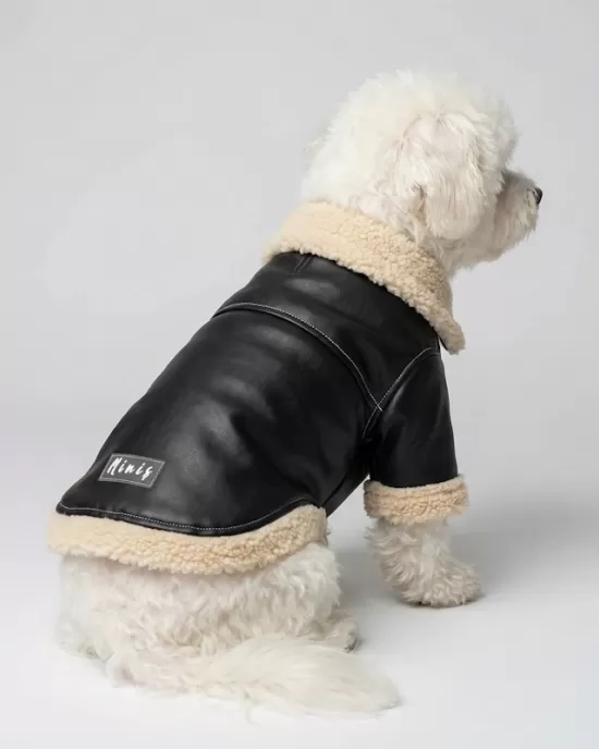 Δερμάτινο Μπουφάν Aviator με Γούνα Shearling – Μαύρο & Μπεζ (PET-007)