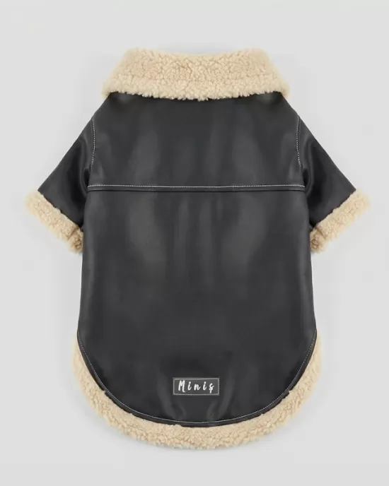 Δερμάτινο Μπουφάν Aviator με Γούνα Shearling – Μαύρο & Μπεζ (PET-007)