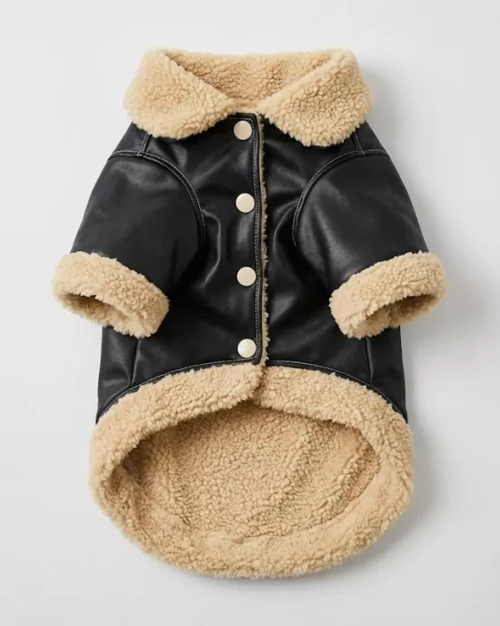 Δερμάτινο Μπουφάν Aviator με Γούνα Shearling – Μαύρο & Μπεζ (PET-007)